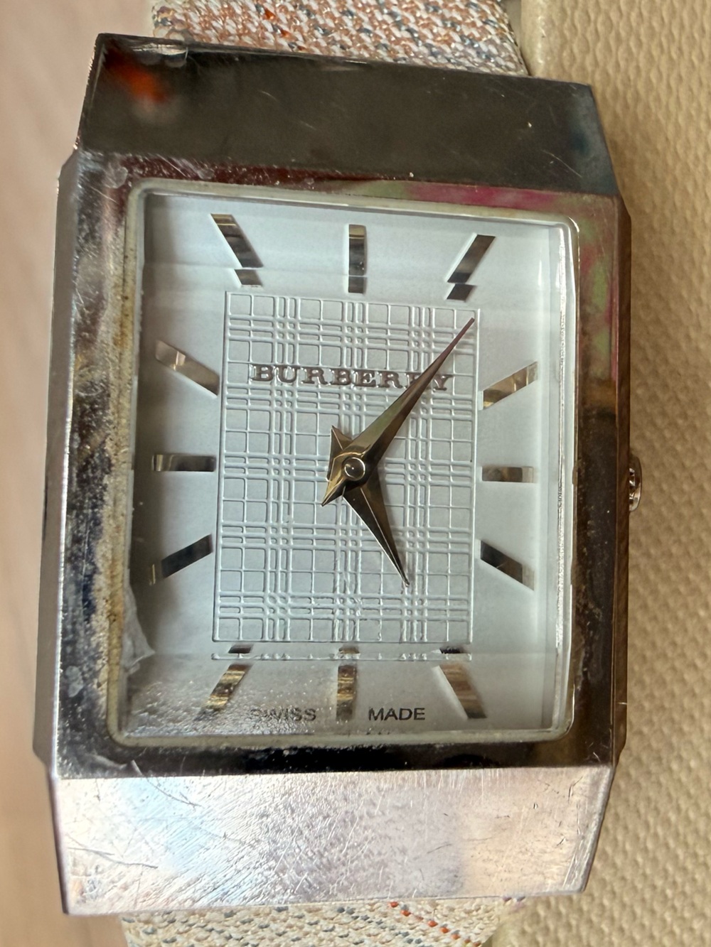 Burberry Silver Rectangular Dial Watch with Beige Strap